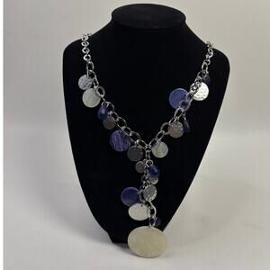Chico's Y-Drop Necklace Statement Blue Shell Beaded on Silver Tone 22in
